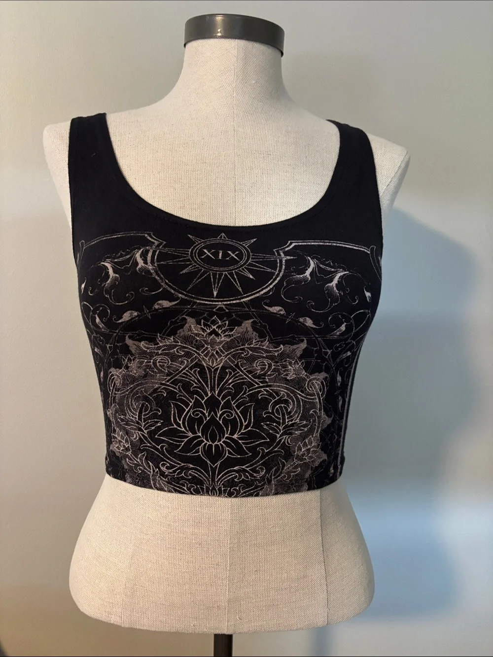 Workshop Republic Clothing Black Crop Tank with Ornate Gray Mandala Print